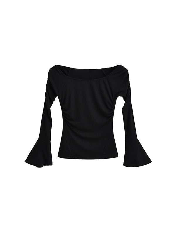 xakxx Flared Sleeves Long Sleeves Pleated Solid Color Boat Neck T-Shirts Tops