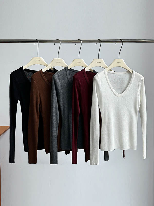 xakxx Long Sleeves Skinny Solid Color Split-Joint U-Neck T-Shirts