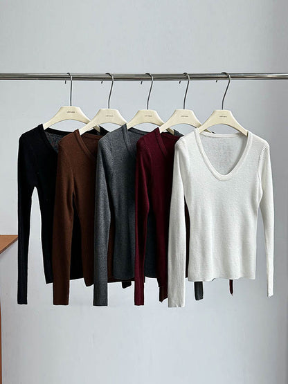 xakxx Long Sleeves Skinny Solid Color Split-Joint U-Neck T-Shirts