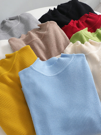 xakxx Long Sleeves Skinny Solid Color Split-Joint High Neck Sweater Tops