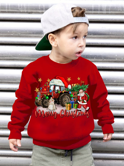 Boys' Cozy Fleece-Lined Christmas Sweatshirt with Festive Tractor Print - Casual Long Sleeve Pullover for Fall/Winter