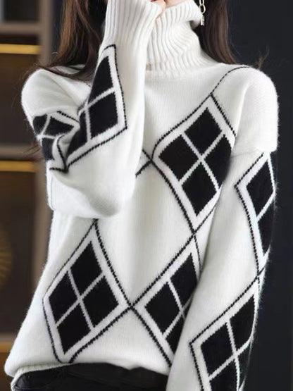 xakxx Casual Long Sleeves Loose Plaid High-Neck Sweater Tops