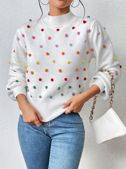 xakxx Long Sleeves Loose Pompom Triming Round-Neck Knitwear Pullovers Sweater Tops