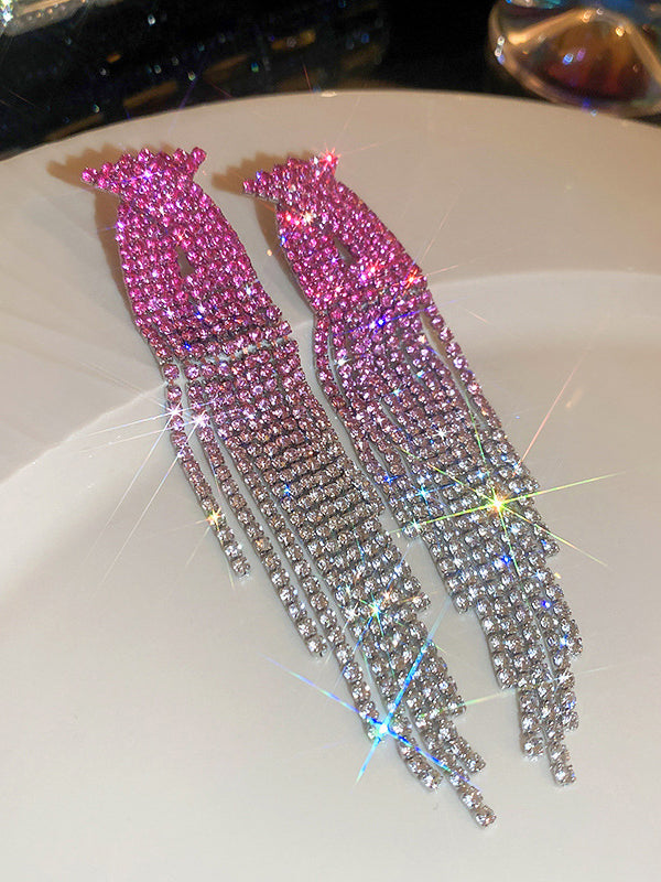 xakxx Gradient Hollow Rhine Stones Tasseled Drop Earrings