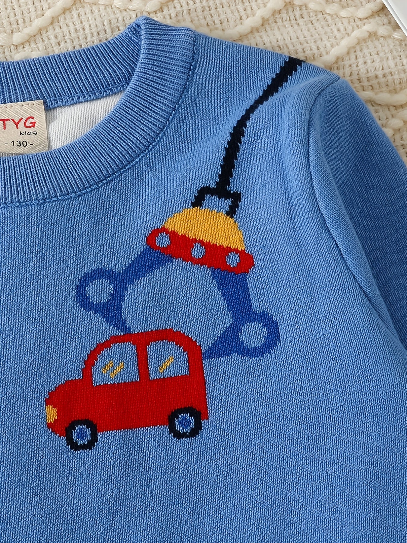 Boys Cartoon Car Pattern Sweater Round Neck Long Sleeve Stretch Warm Knit Pullover Top Kids Clothes Outdoor