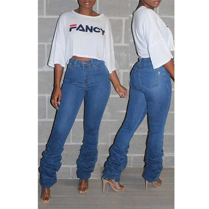 Women's Jeans Ruched Denim Blue High Wait Stacked Pants Autumn  y2k Women Clothing Streetwear Jeans Fashion Skinny Pockets Trousers T231023