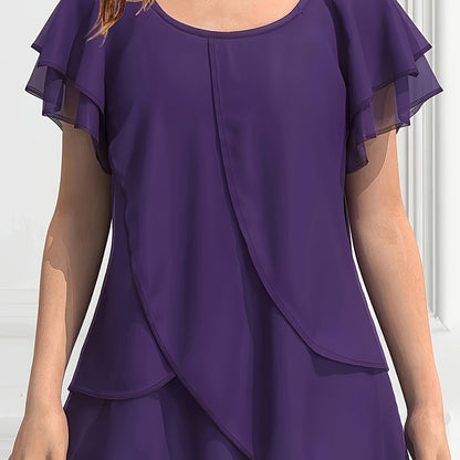 Vibrant Color Crew Neck Blouse - Ruffled Sleeve, Layered, Casual, Spring & Summer Essential - Women's Clothing for Everyday Wear