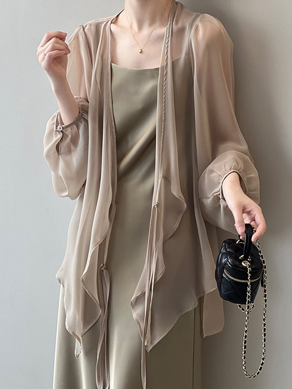 xakxx Bishop Sleeve Long Sleeves See-Through Split-Joint Tied Collarless Blouses&Shirts Tops