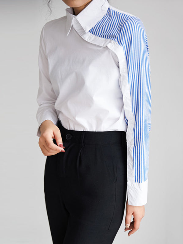xakxx Long Sleeves Irregularity Striped Solid Contrast Color Lapel Collar Blouses