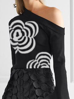 xakxx Long Sleeves Loose Flower Print One-Shoulder T-Shirts Tops