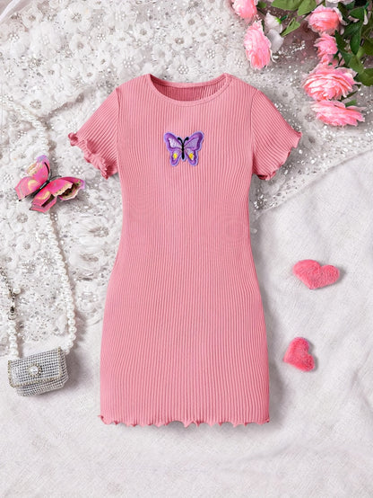 Butterfly Design Frill Trim Short Sleeve Bodycon Dress For Girls Summer Gift Holiday