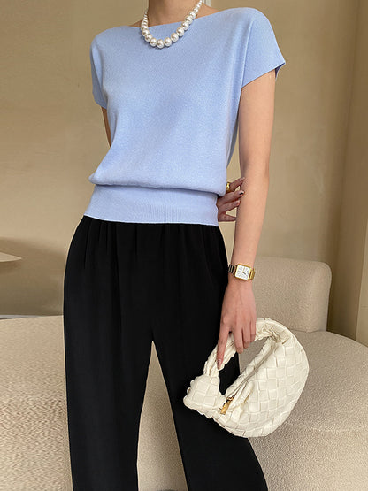 xakxx Stylish Loose Solid Color Boat Neck Knitwear Pullovers Tops