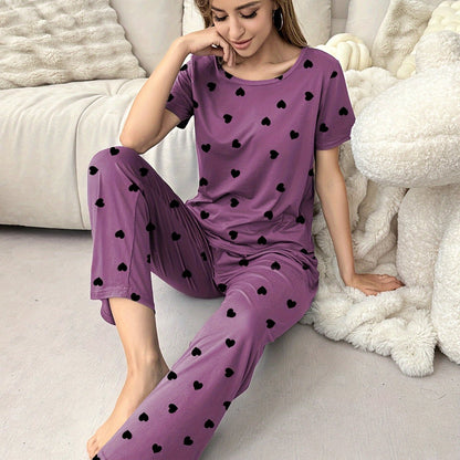 Womens Pajama Set - Soft and Breathable Short Sleeve T-shirt, Cozy Long Pants, Adorable Love Heart Print Design, Ultra-Comfortable Loungewear for Relaxation, Versatile Casual Outfit - Perfect for Home Wear and Outdoor Activities, Ideal for Lounging Around