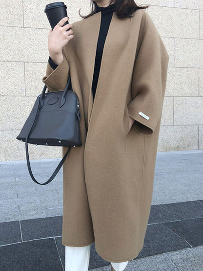 xakxx Long Sleeves Loose Solid Color Collarless Woolen Coat