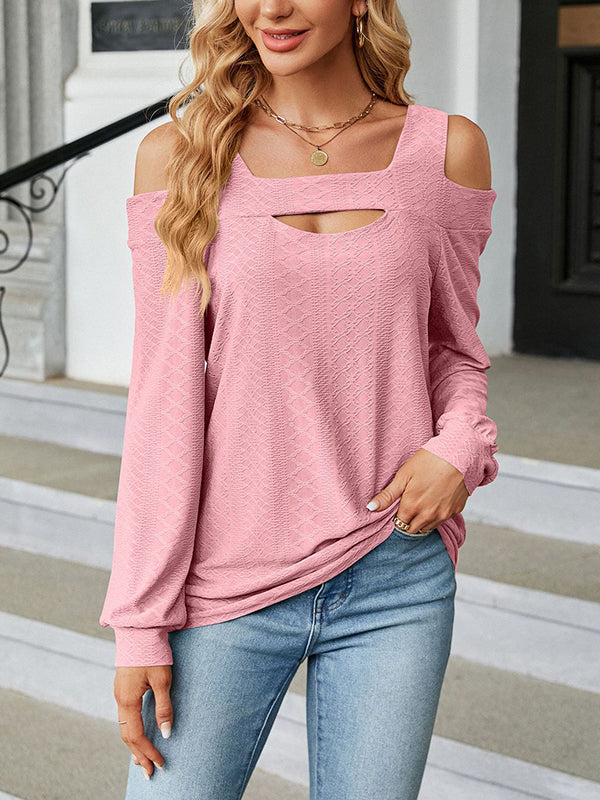 xakxx Long Sleeves Loose Hollow Jacquard Solid Color U-Neck T-Shirts Tops