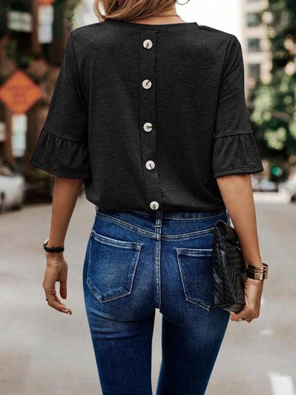 xakxx Ruffle Sleeves Asymmetric Buttoned Solid Color Split-Joint Round-Neck T-Shirts Tops