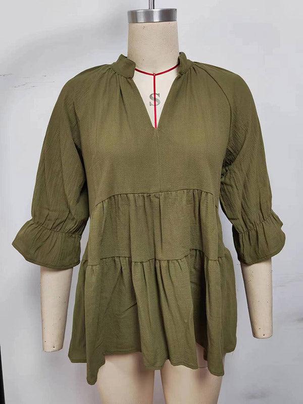 xakxx Loose Three-Quarter Sleeves Elasticity Pleated Solid Color Split-Joint V-Neck T-Shirts Tops