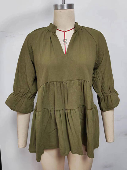 xakxx Loose Three-Quarter Sleeves Elasticity Pleated Solid Color Split-Joint V-Neck T-Shirts Tops