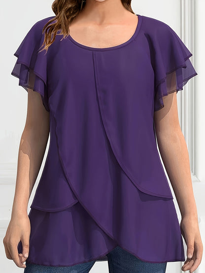 Vibrant Color Crew Neck Blouse - Ruffled Sleeve, Layered, Casual, Spring & Summer Essential - Women's Clothing for Everyday Wear