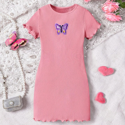 Butterfly Design Frill Trim Short Sleeve Bodycon Dress For Girls Summer Gift Holiday