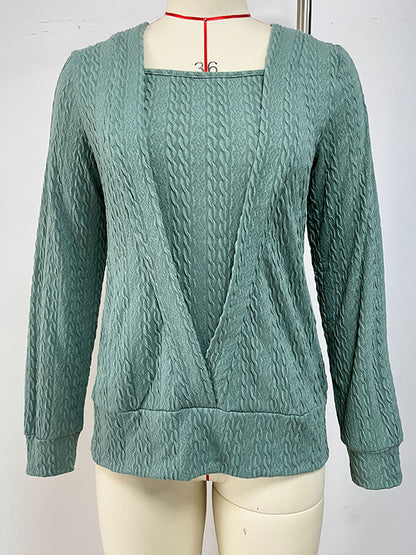 xakxx Long Sleeves Loose Colorful Solid Color Square-Neck T-Shirts Tops