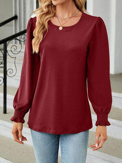 xakxx Long Sleeves Loose Elasticity Solid Color Round-Neck T-Shirts Tops