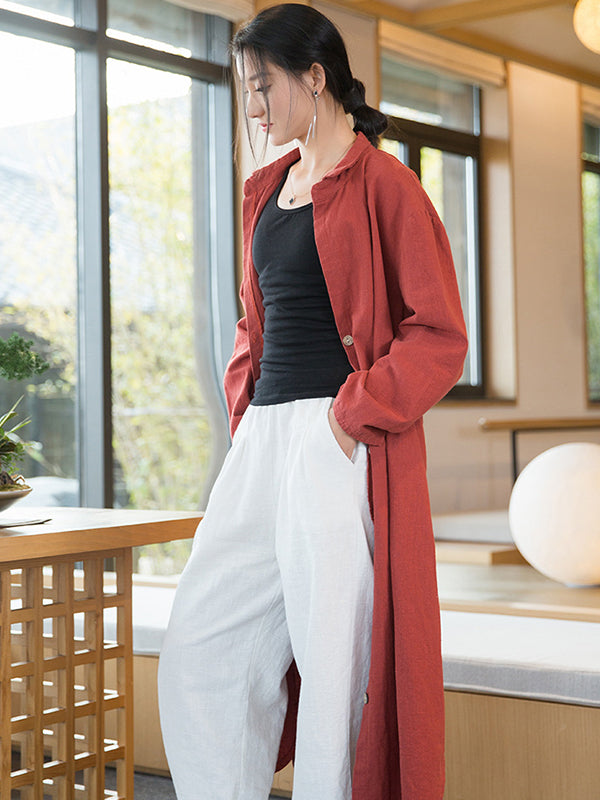 xakxx Artistic Retro Loose Simple Casual Solid Color Ramie Trench Coat