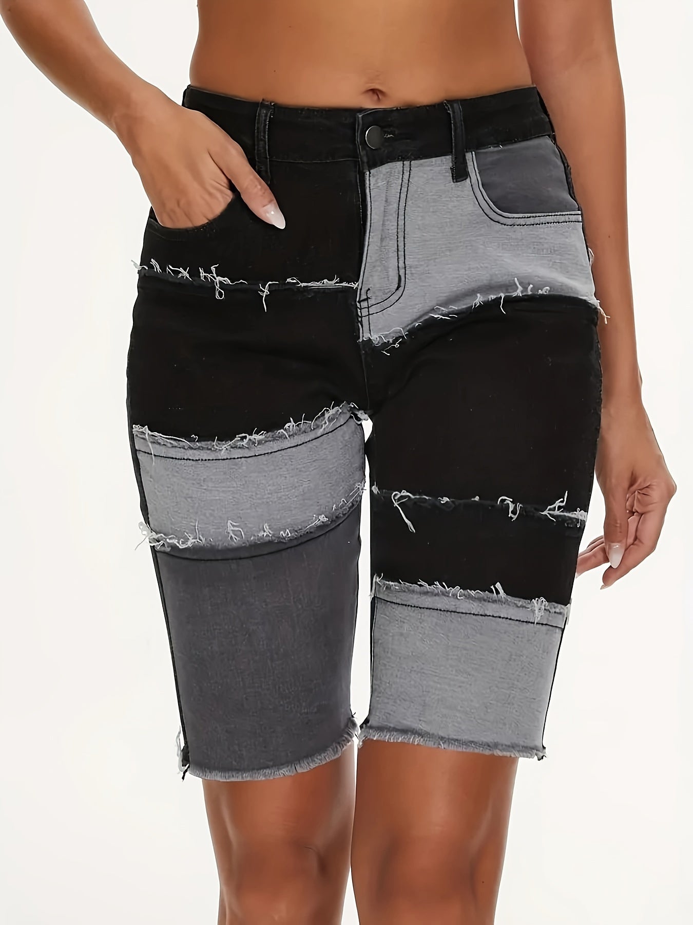 Women's Plus Size Oversized Color Block Bermuda Patchwork Denim Shorts With A Slim Fit Waist And Denim Shorts