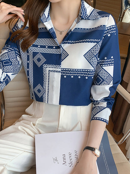 xakxx Long Sleeves Loose Buttoned Printed Lapel Blouses&Shirts Tops