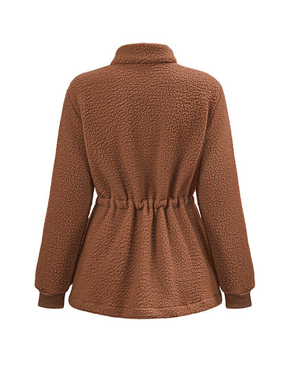 xakxx Long Sleeves Loose Drawstring Solid Color Velvet Zipper Stand Collar Outerwear
