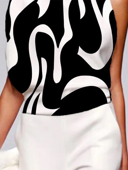 xakxx Loose Sleeveless Asymmetric Contrast Color Printed One-Shoulder T-Shirts Tops