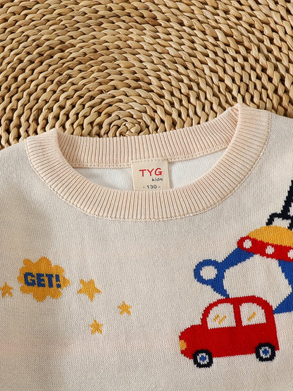 Boys Cartoon Car Pattern Sweater Round Neck Long Sleeve Stretch Warm Knit Pullover Top Kids Clothes Outdoor