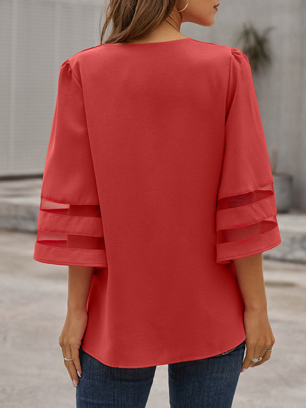 xakxx Loose Solid Color Split-Joint V-Neck T-Shirts Tops