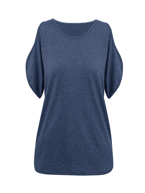xakxx Loose Short Sleeves Hollow Solid Color Cold Shoulder T-Shirts Tops
