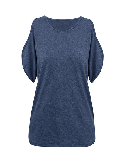 xakxx Loose Short Sleeves Hollow Solid Color Cold Shoulder T-Shirts Tops