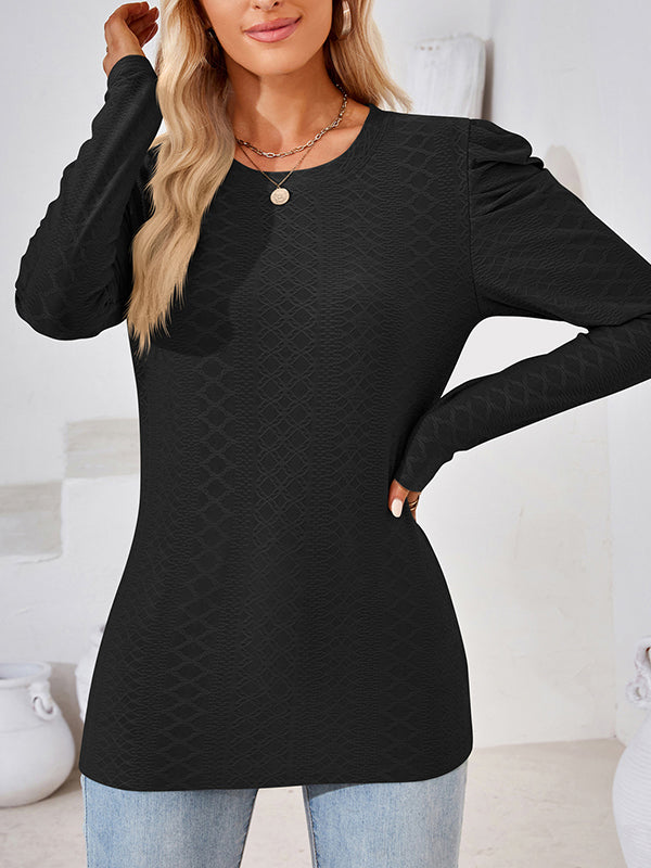 xakxx Long Sleeves Loose Pleated Solid Color Round-Neck T-Shirts Tops