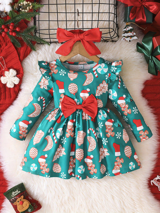 Adorable Girls' Christmas Dress with Festive Print & Matching Solid Color Headband - Long Sleeve, Round Neck, Machine Washable - Perfect for Holiday Outfits, Christmas Elements, Girls' Clothing