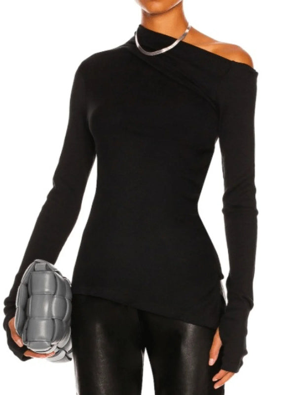 xakxx Stylish Solid Color One-Shoulder Long Sleeves T-Shirt Top