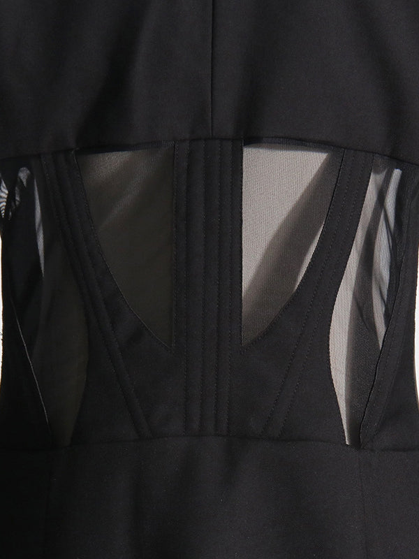 xakxx Long Sleeves Buckle Gauze See-Through Solid Color Split-Joint Notched Collar Blazer