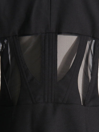 xakxx Long Sleeves Buckle Gauze See-Through Solid Color Split-Joint Notched Collar Blazer