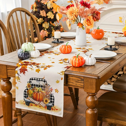 Fall Harvest Pumpkin Truck Table Runner - Seasonal Buffalo Plaid Table Decor for Indoor Outdoor Dining Tables - Thanksgiving Holiday Decorations for Home Fall Decorations
