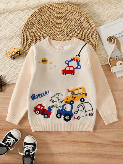 Boys Cartoon Car Pattern Sweater Round Neck Long Sleeve Stretch Warm Knit Pullover Top Kids Clothes Outdoor