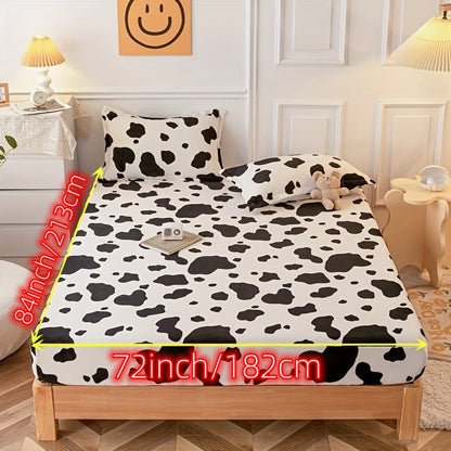 3-Piece Cow Print Fitted Sheet Set - Snug & Stylish Bedding for Bedrooms, Guest Rooms, and Hotels - Includes 2 Pillowcases, No Comforter