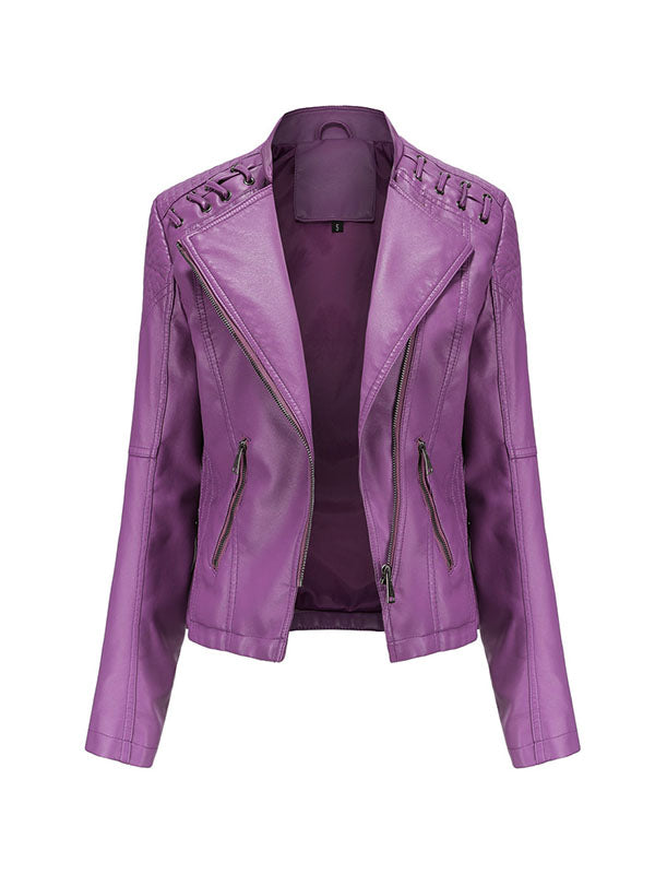 xakxx Long Sleeves Split-Joint Zipper Mock Neck PU Jackets Outerwear