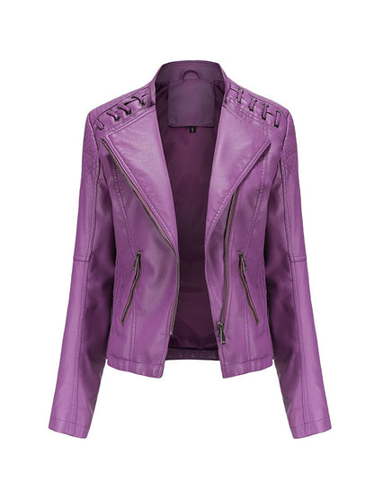 xakxx Long Sleeves Split-Joint Zipper Mock Neck PU Jackets Outerwear