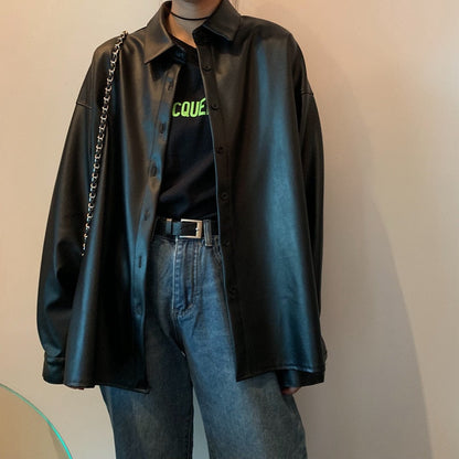 Xakxx - New Women oversized PU leather blouses Spring Autumn Black Faux Leather Basic Coat Turn-down Collar Motor Biker Jacket