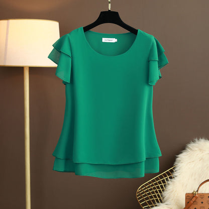 Xakxx - New Summer Women Blouse Loose O-Neck Chiffon Shirt Female Short Sleeve Blouse Oversized Shirts womens tops and blouses Top