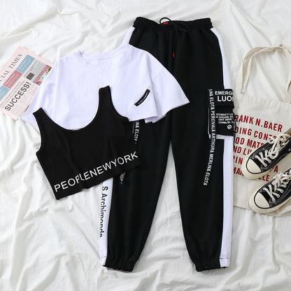 Purpdrank - 3 Pieces Set Summer Women Cargo Pants Suit Set Streetwear Outfit Harajuku Short Sleeve Trousers & Crop Tops Tee Shirt