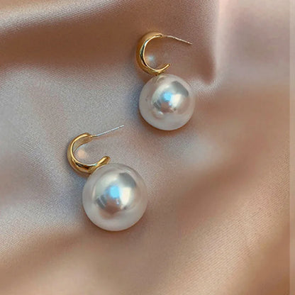 xakxx Korean Trendy Elegant Shiny Round White Red Champagne Pearl Hoop Drop Earrings Circle Ball Bead Pendant Dangle Women's Gift