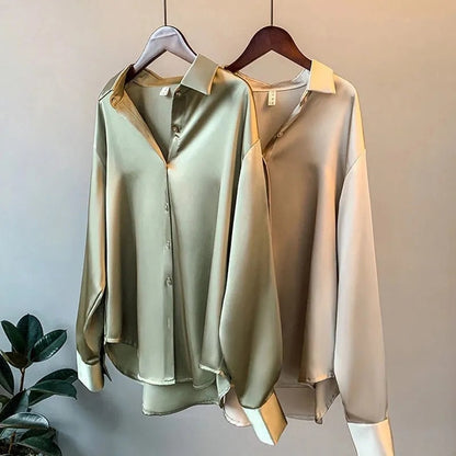Xakxx - Spring Womens Clothing Silk Shirt Vintage Blouse Women Sheer Top Women Longsleeve Dress Shirt Plus Size Woman Overshirt